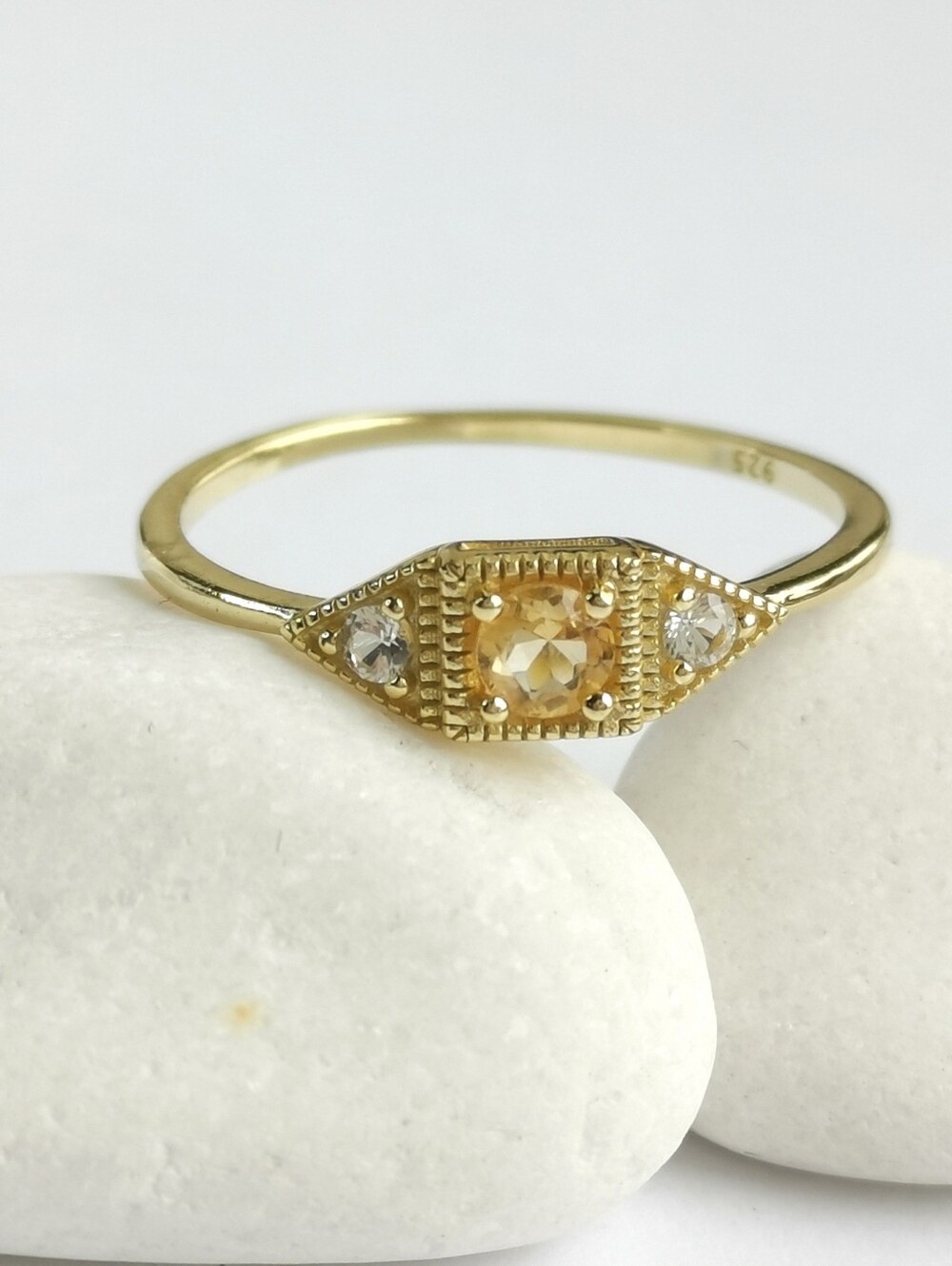 Citrine White topaz Ring 14k Gold on Sterling Silver Size 8 Stacking 🆕